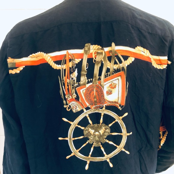 VINTAGE KBB Shirt Men M Black  Button Lightweight Band Collar 80’s Prints - Picture 3 of 15